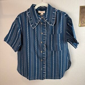 Listicle Womens Blue Striped Floral Embroidered Ruffle Collar Shirt Medium